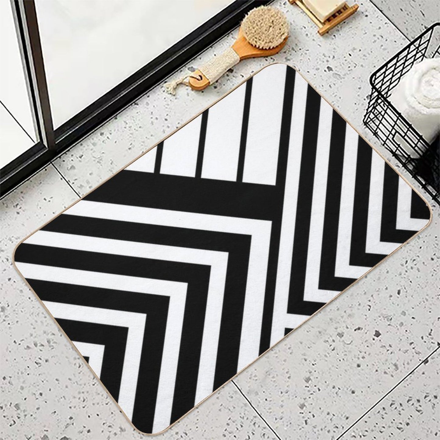 Black And White Geometric Lines Slip-Resistant Bath Mat