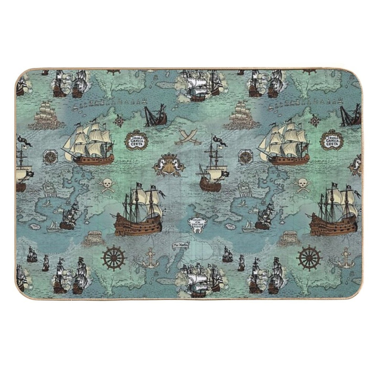 Pirate Map Nautical Sea Print Ocean Blue & Sea Glass Green Versatile Bath Mat