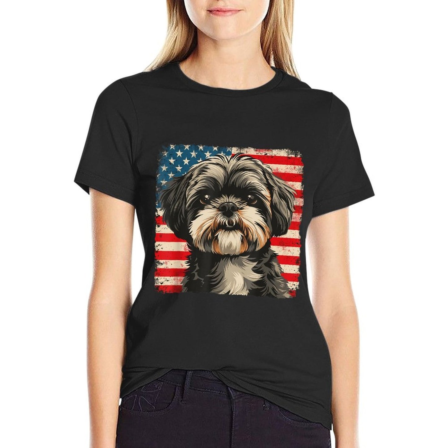 Shih Tzu Dog Art USA July 4th Women Men Kids Easy-care T-Shirt
