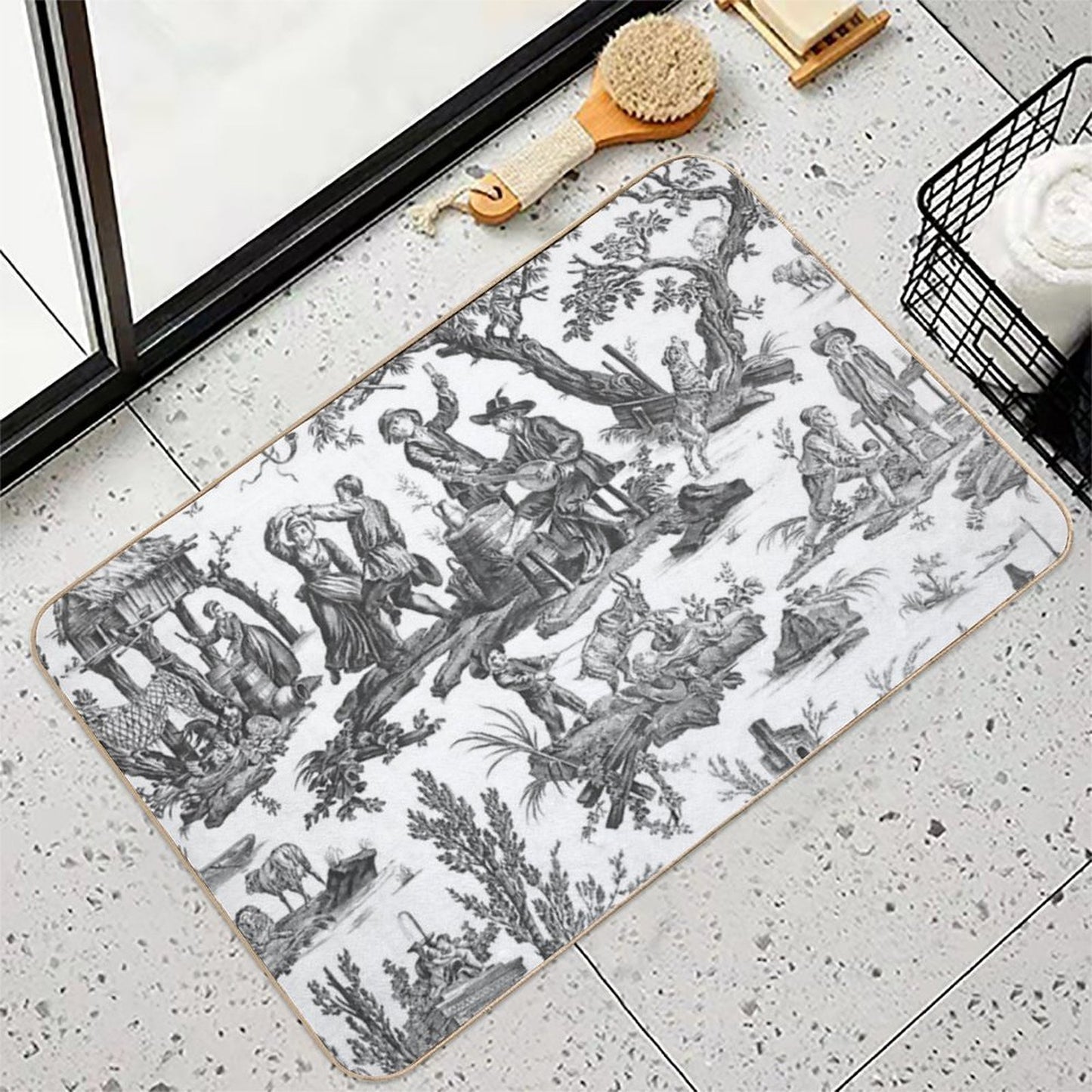 Black And White Toile De Jouy Easy Maintenance Bath Mat