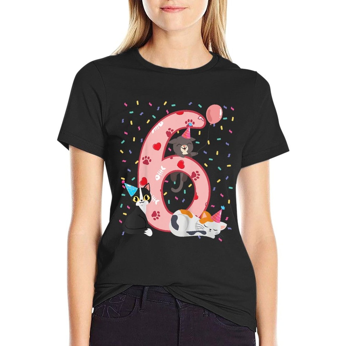Kids 6th Birthday Girl Cute Cat Outfit 6 Years Old Bday Party Comfortable T-Shirt