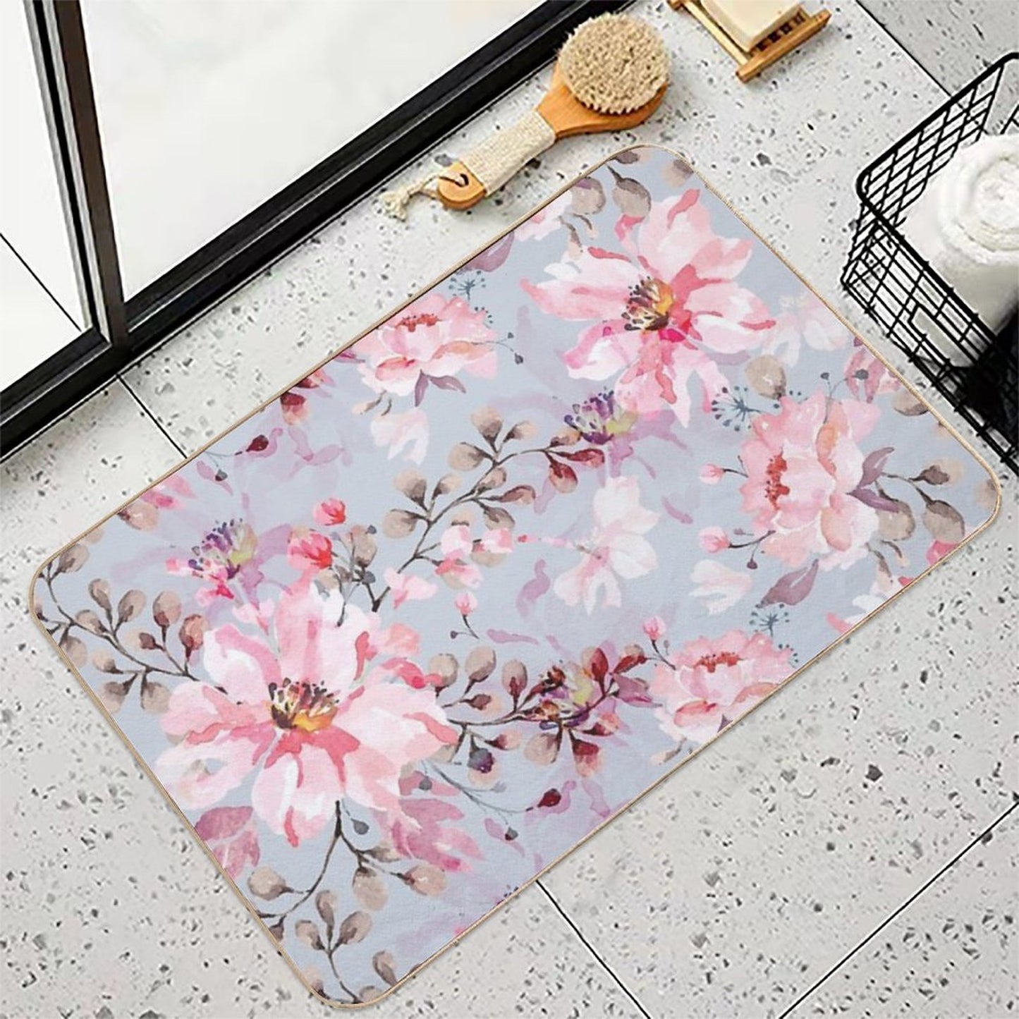 Rose Watercolor Pattern Fade-Resistant Bath Mat