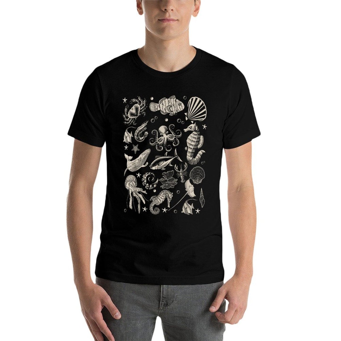 Vintage Ocean Wildlife Shark Turtle Octopus Stretchy T-Shirt