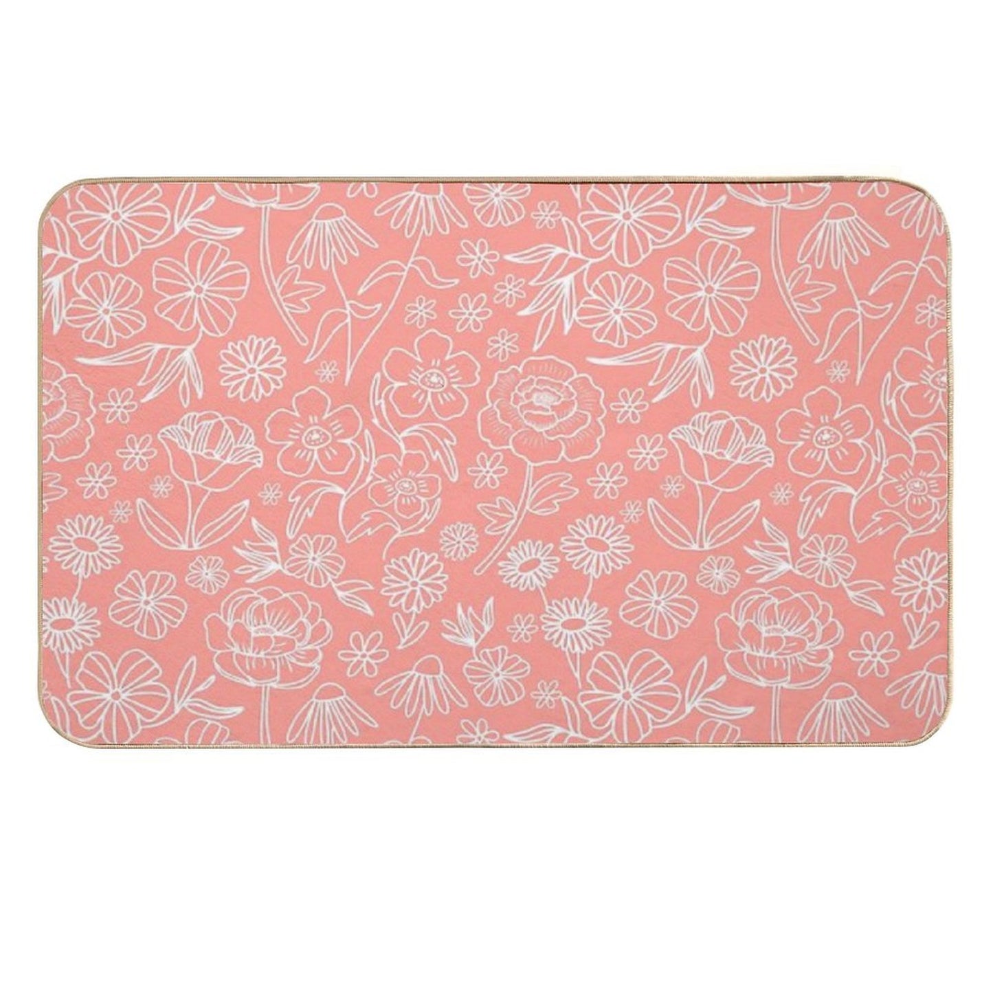 Floral Geometric Outlines on Coral Dirt-Trapping Bath Mat
