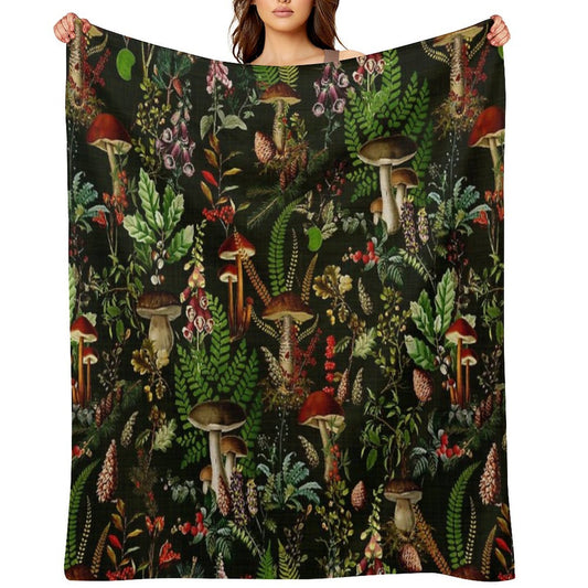 Vintage Mushrooms Forest Botanical Pattern - Black Botanical Night Garden Nightgarden Sustainable Throw Blanket