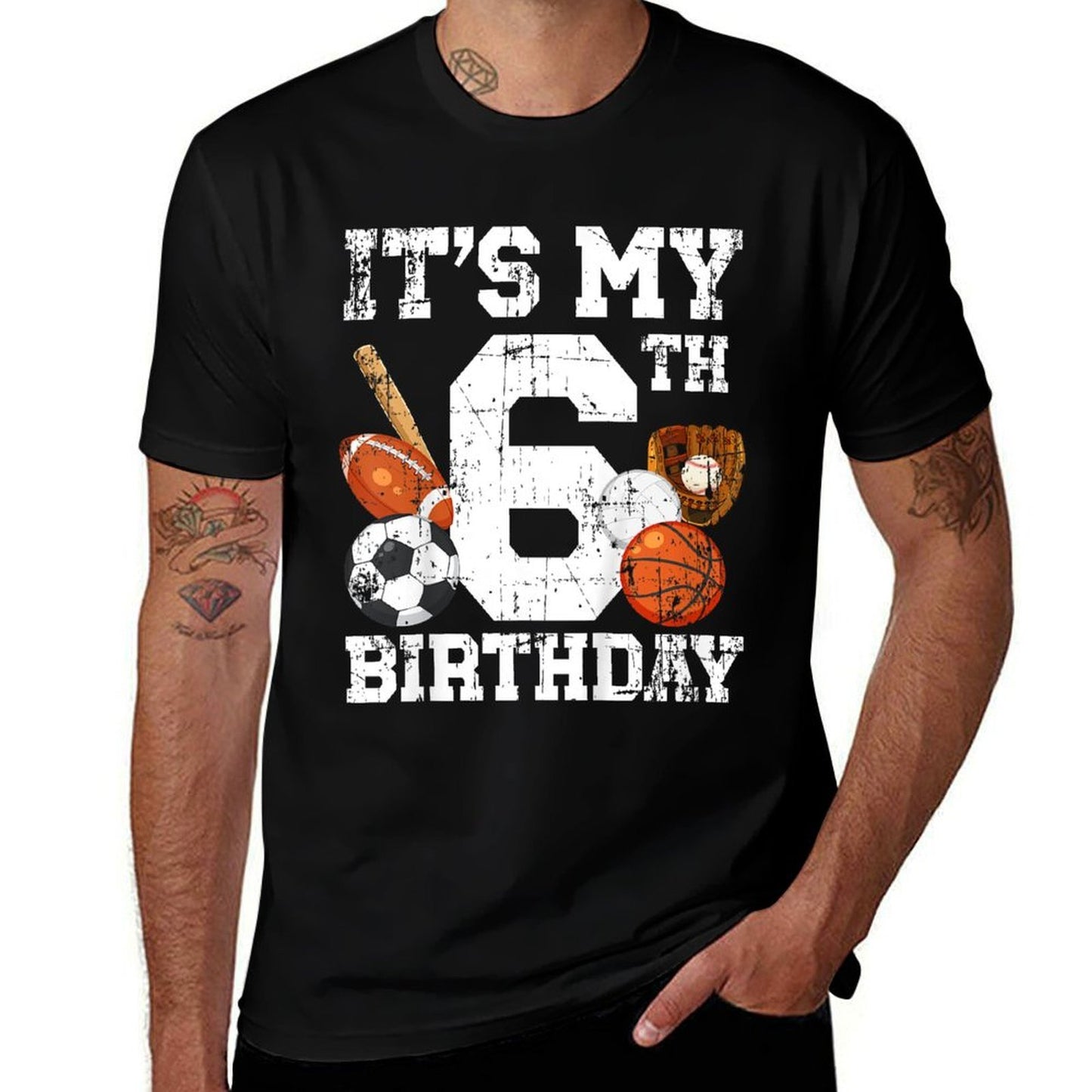 6 Year Old Sports Birthday Theme Sixth Bday Kids 2T Black Sports Birthday Ribbed Collar T-Shirt