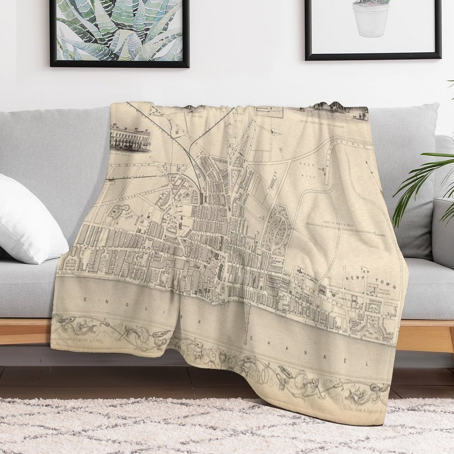 Old Brighton UK Map (1851) Vintage Southern England City Atlas Multi-functional Throw Blanket