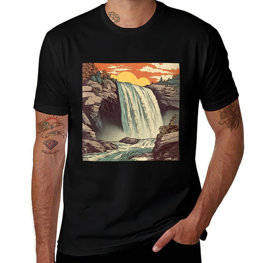 Womens Waterfall Vintage Landscape Graphic  Trendy Pattern T-Shirt
