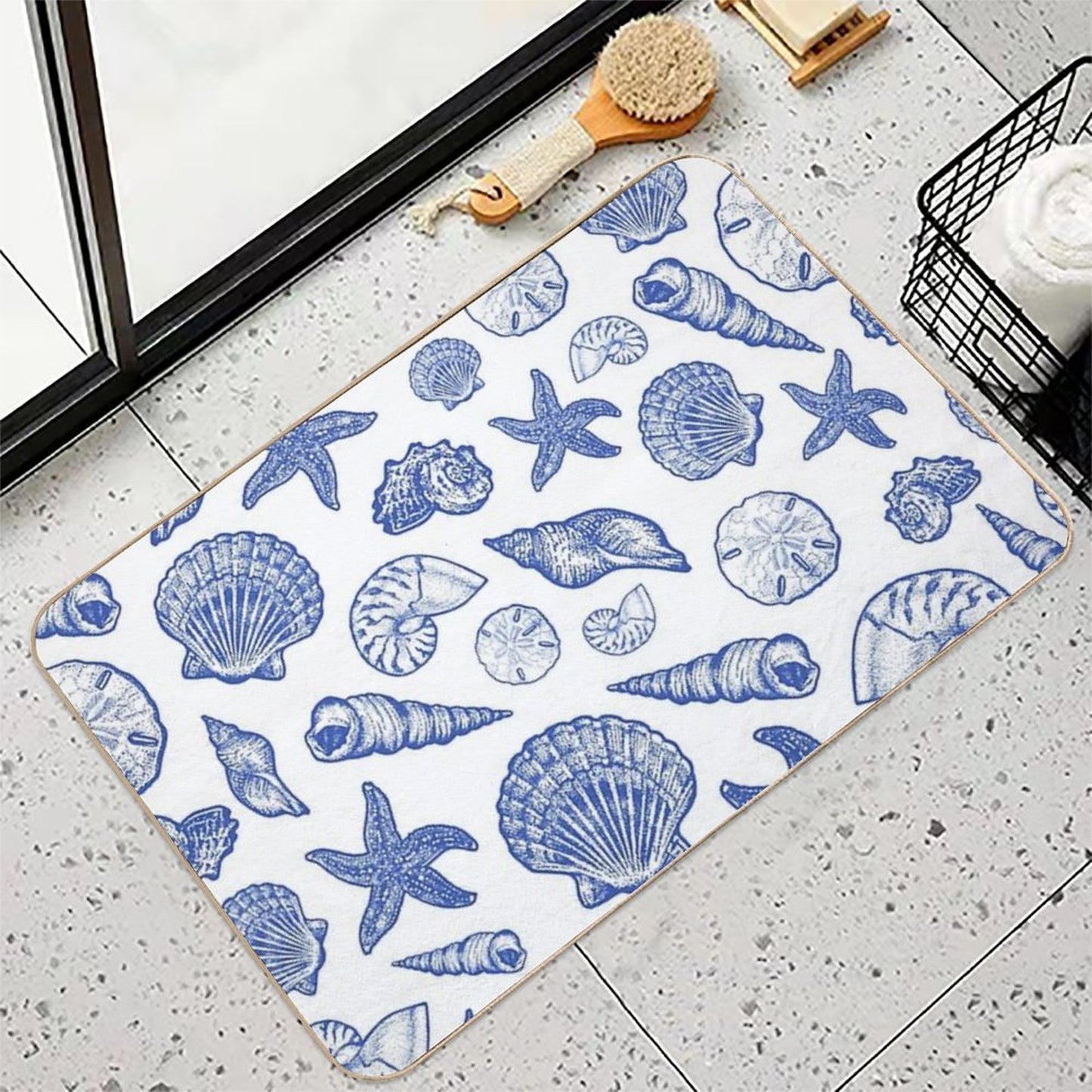 Blue Seashell Print Odorless Bath Mat