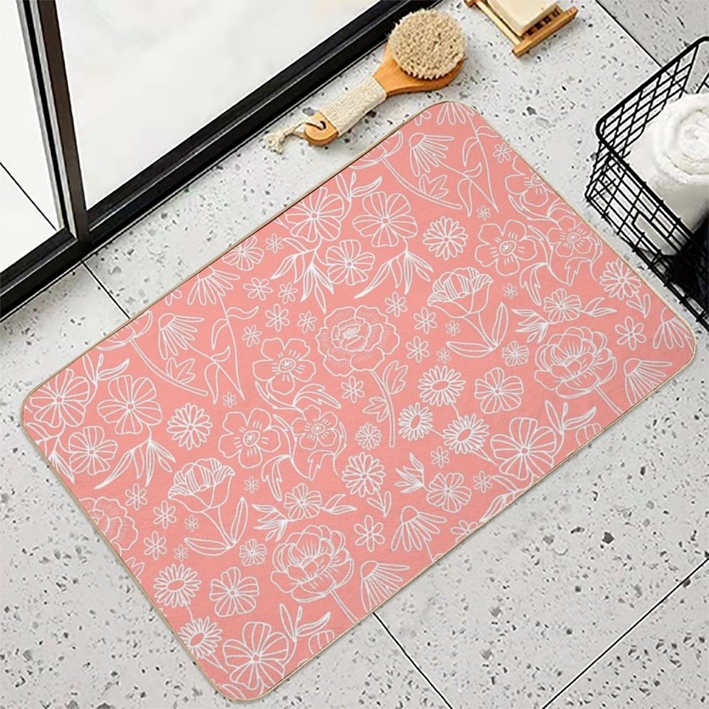 Floral Geometric Outlines on Coral Dirt-Trapping Bath Mat