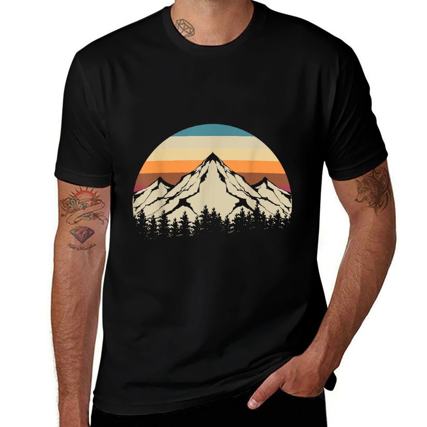 Retro Mountains Wildlife Hiking Outdoor Nature Trees Forest  Trendy Pattern T-Shirt