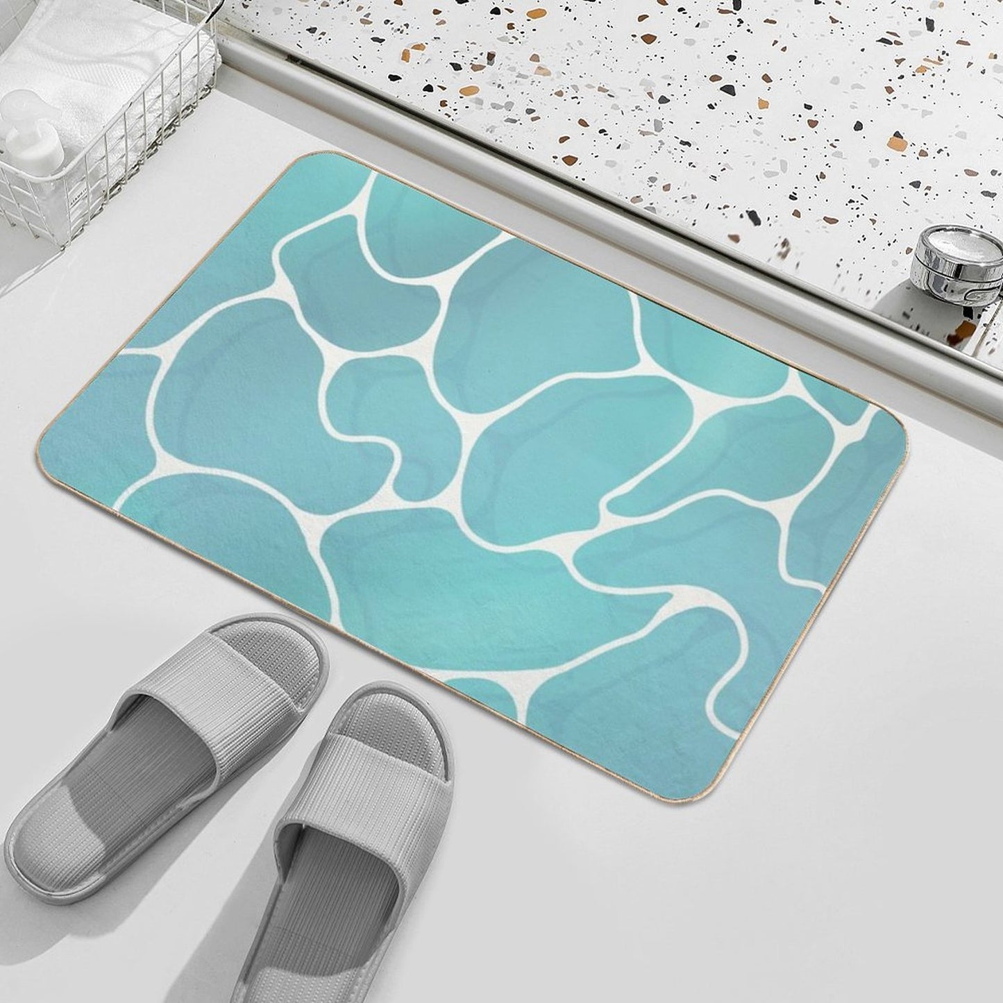 Blue Water Ocean Illustration Fade-Resistant Bath Mat