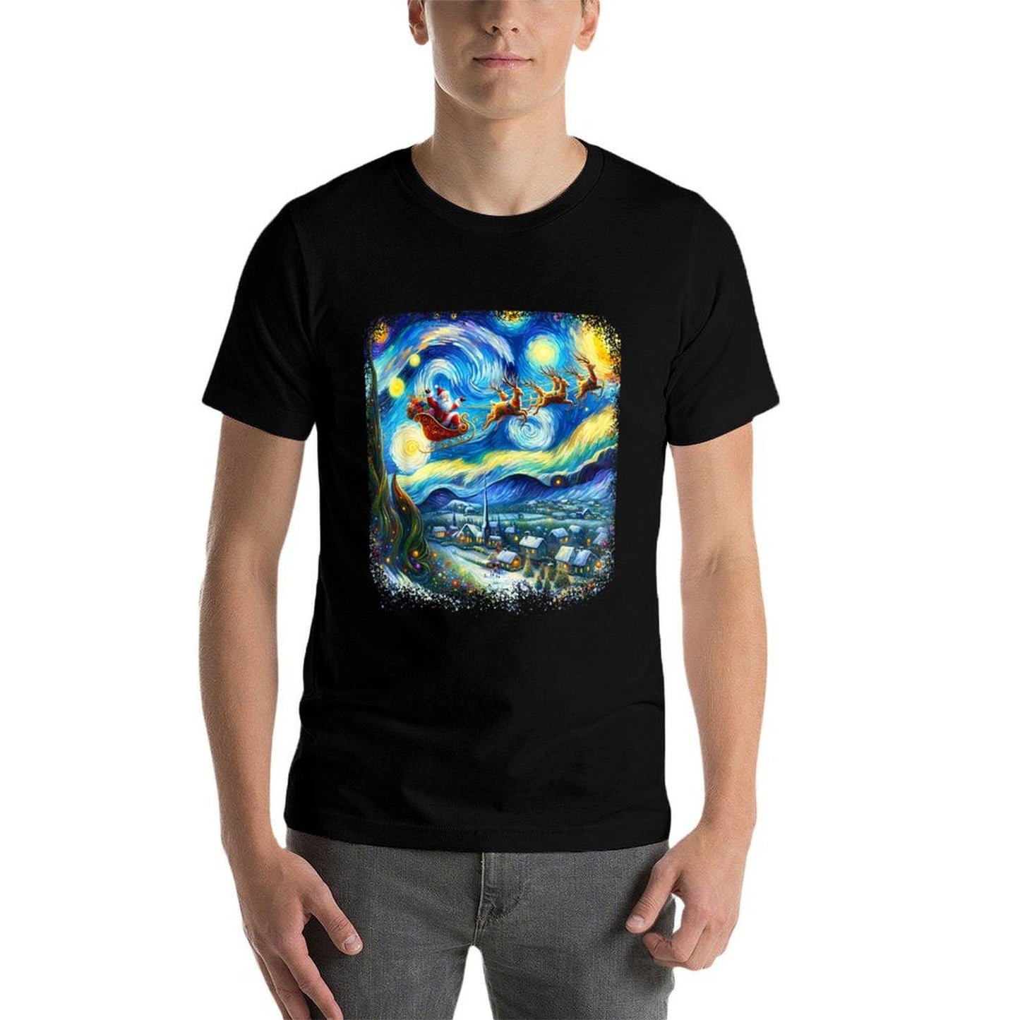 Van Gogh Starry Night Santa Christmas Winter Snowy Night Stretchy T-Shirt