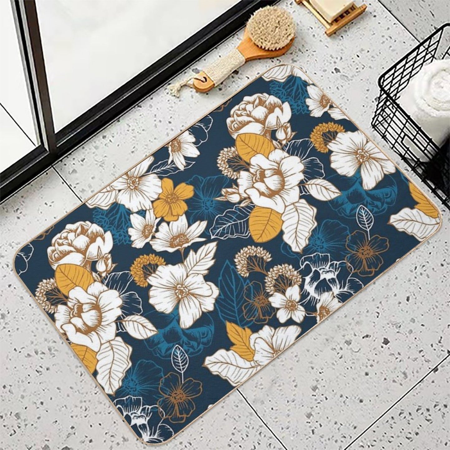 Navy And Gold Peony And Blossom Seamless Pattern Rapid-Drying Bath Mat