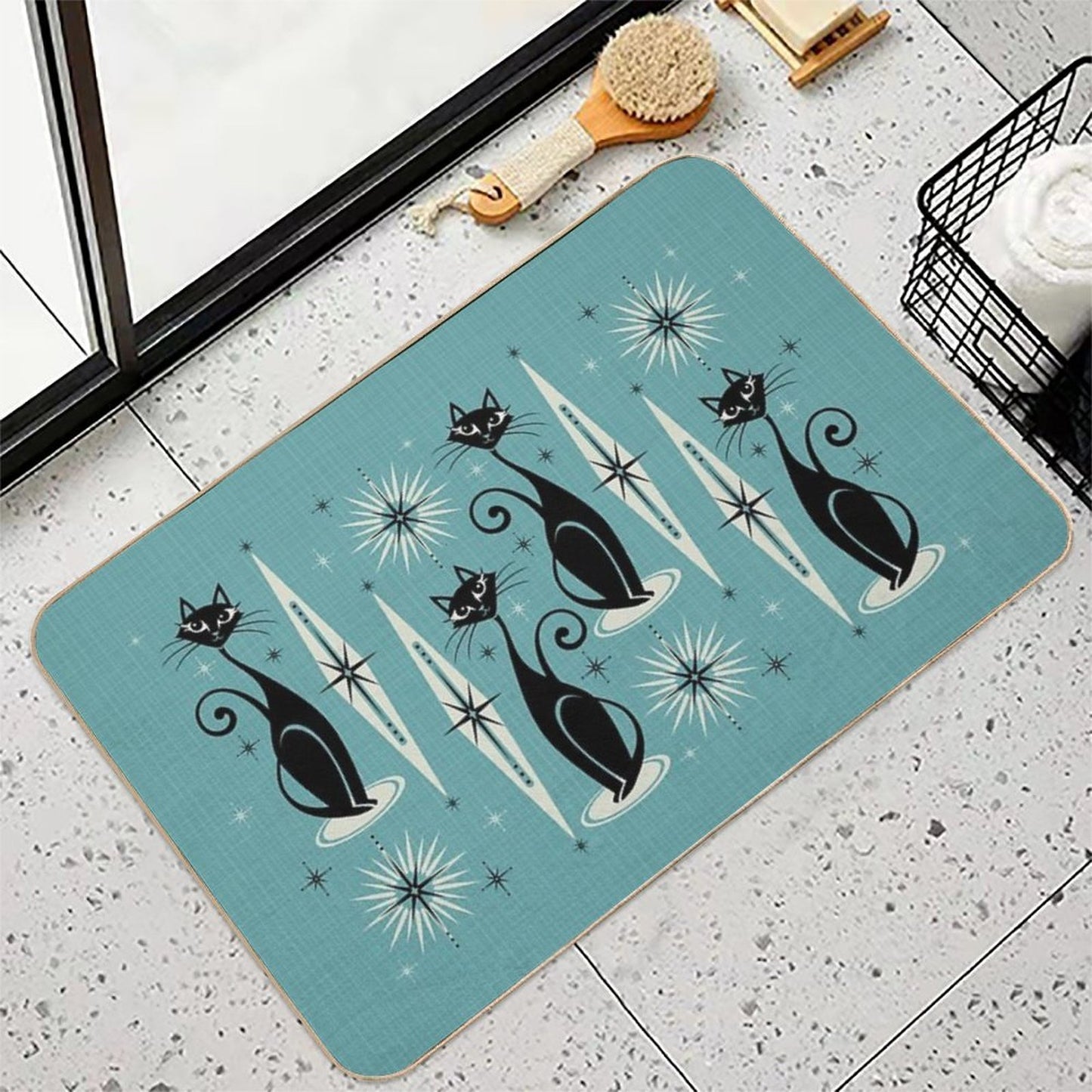Mid Century Meow on Blue Slip-Resistant Bath Mat