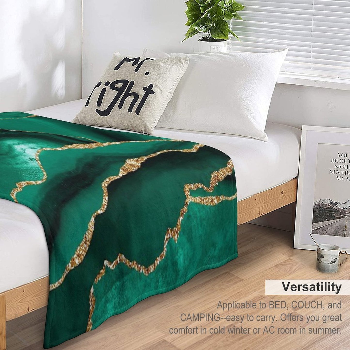 Emerald Green Malachite Faux Marble With Gold Glitter Quick-dry Throw Blanket