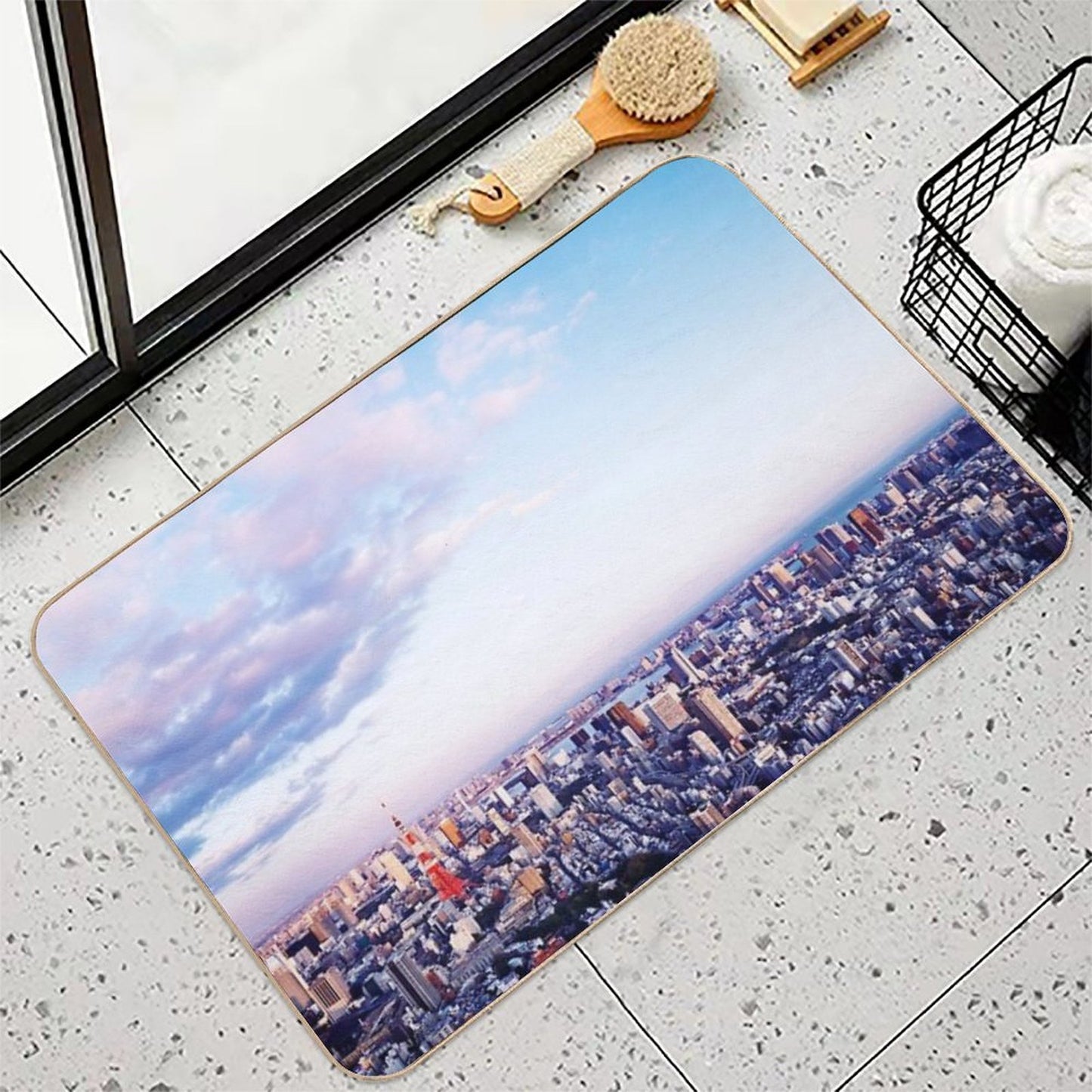 Tokyo Tower in Beautiful Aerial Scenery Tokyo City Under Vast Blue Sky Art Photo Print Stain-Proof Bath Mat