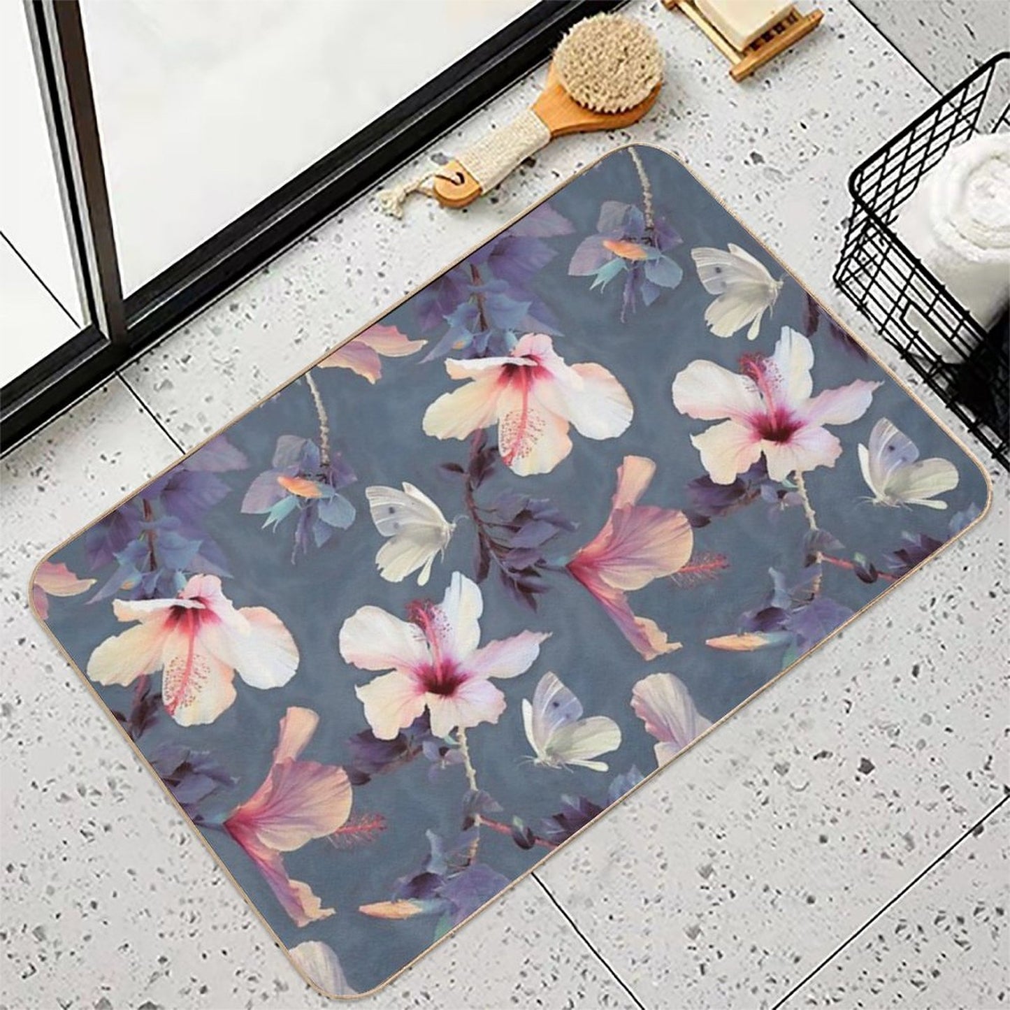 Butterflies And Hibiscus Flowers - A Painted Pattern Toxin-Free Bath Mat