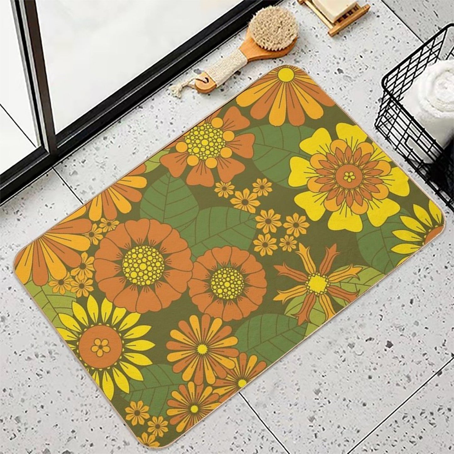 Orange, Brown, Yellow And Green Retro Daisy Pattern Durable Bath Mat