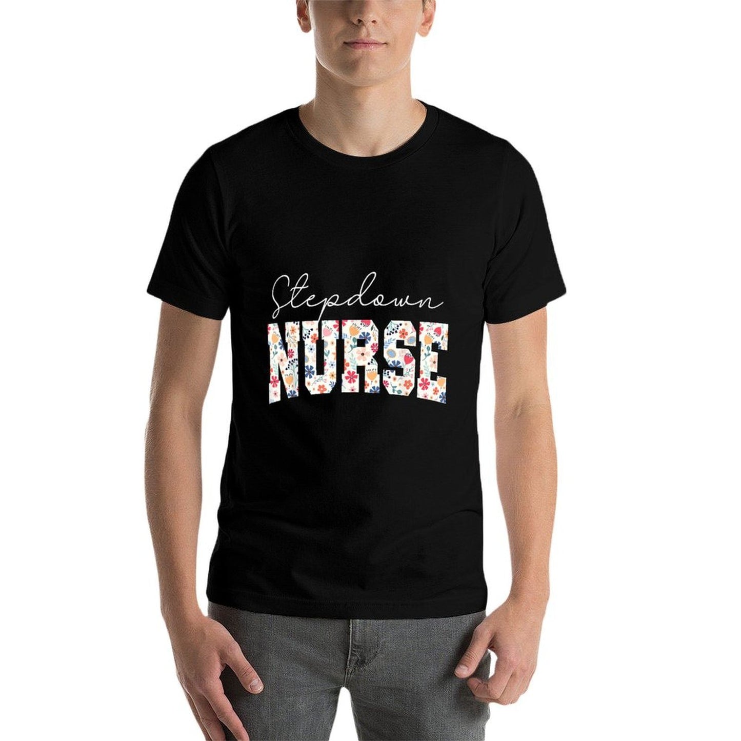Retro Floral Stepdown Nurse Stepdown Unit CVICU CTICU Nurse Rolled Sleeves T-Shirt