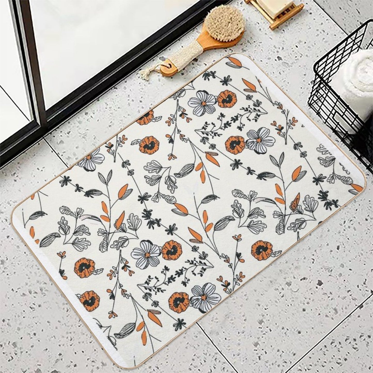 Orange Flower Pattern Long-Lasting Bath Mat