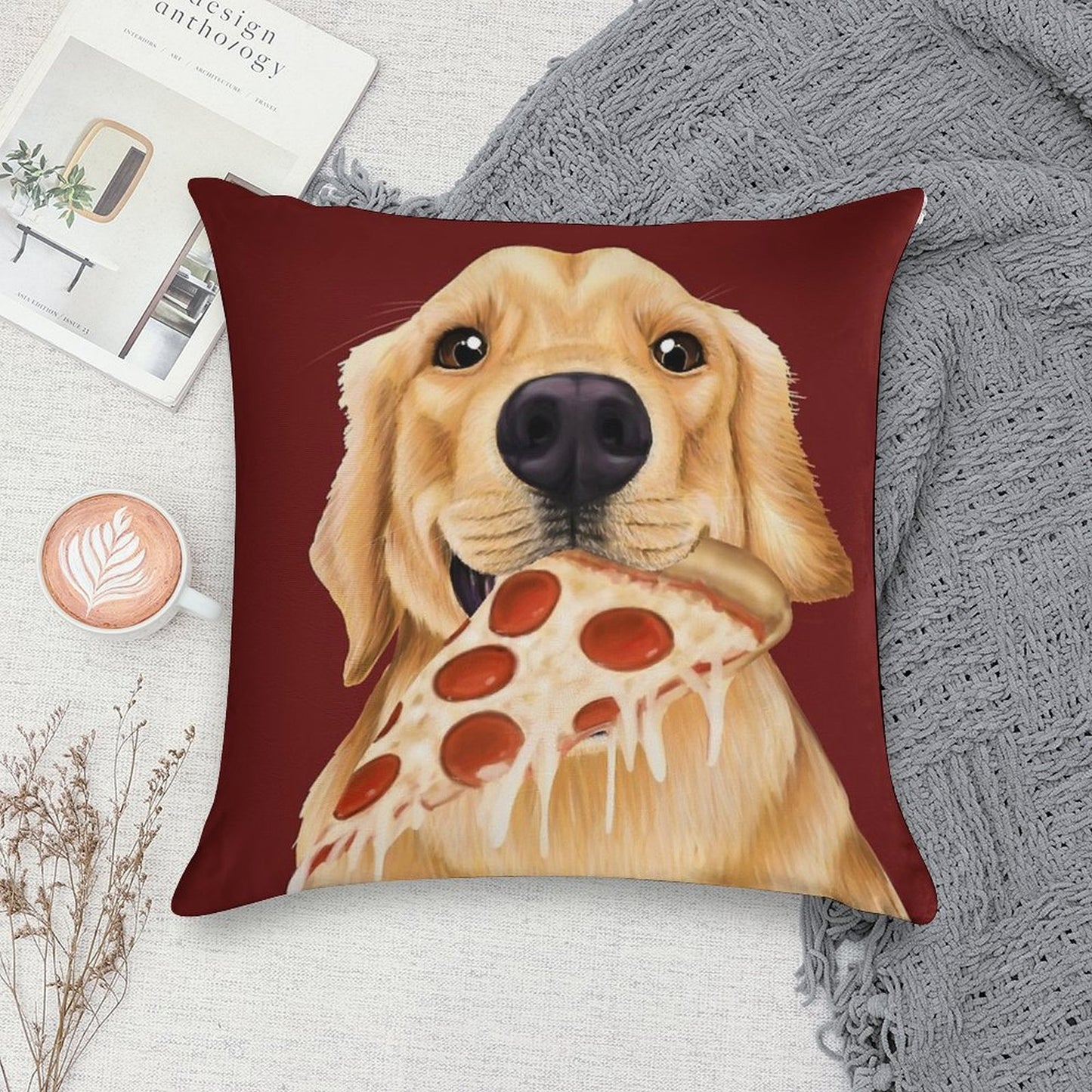Golden Retriever Eating Pizza - Dog with A Slice of Pizza Soft Shrink-Resistant Throw Pillow