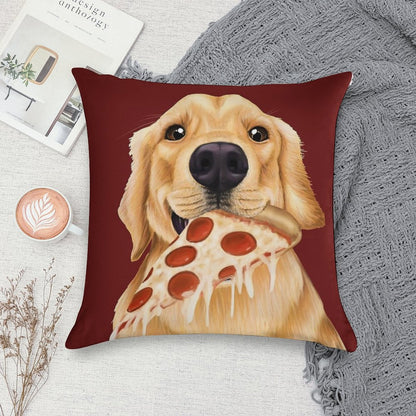 Golden Retriever Eating Pizza - Dog with A Slice of Pizza Soft Shrink-Resistant Throw Pillow