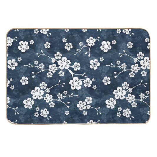 Navy And White Cherry Blossom Pattern  Non-Slip Bath Mat