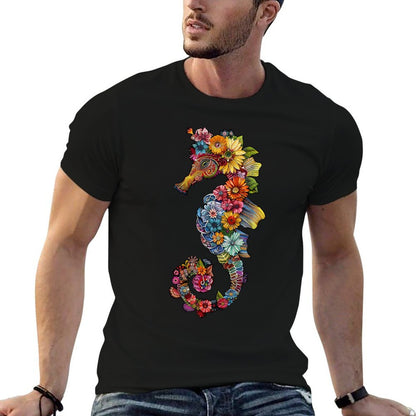 Floral Seahorse Ocean Animal Marine Beach Seahorse Flowers  High-quality Stitching T-Shirt