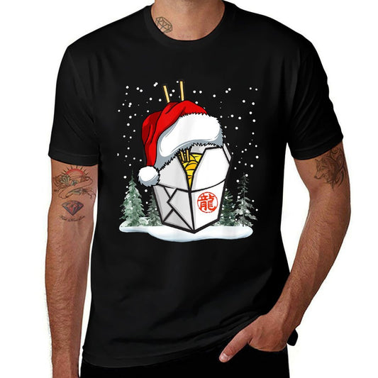 Chinese Takeout Box Santa Hat Graphic  High-quality Stitching T-Shirt
