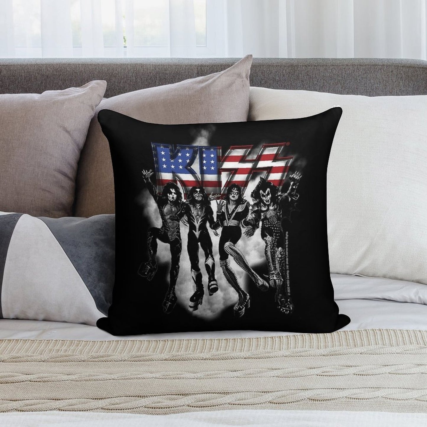 KISS ® The Band - Destroyer Black And White Fog USA Logo Soft Gift Ready Throw Pillow