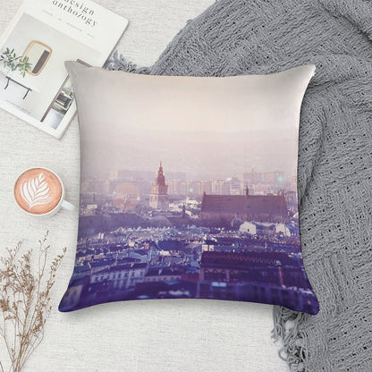 Panoramic View of Old City in Cracow at The Sunset Soft Short Plush Fabric Throw Pillow