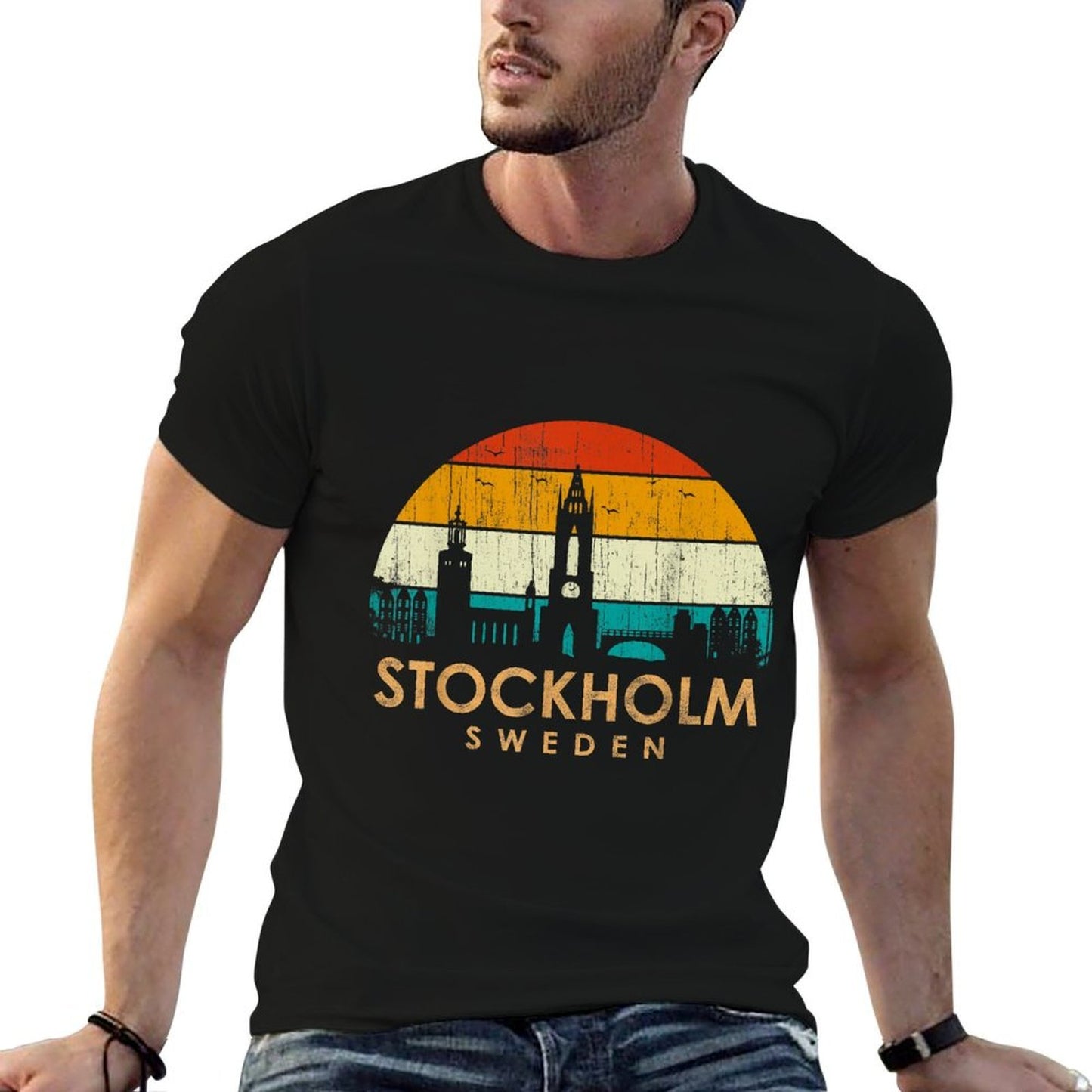 Vintage Retro Style Landscape Sun Skyline Stockholm Sweden  Vintage-inspired T-Shirt