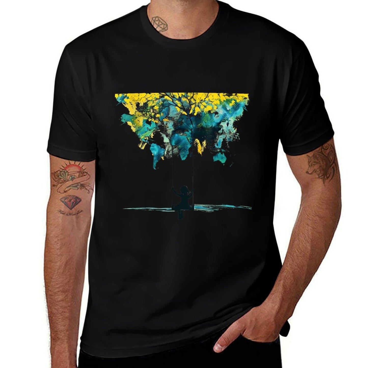 Abstract Tree Art Girl on Swing Silhouette Nature-Inspired  Versatile T-Shirt