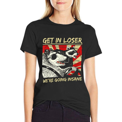 Get In Loser We’re Going Insane Funny Raccoon Opossum Meme  Oversized Silhouette T-Shirt