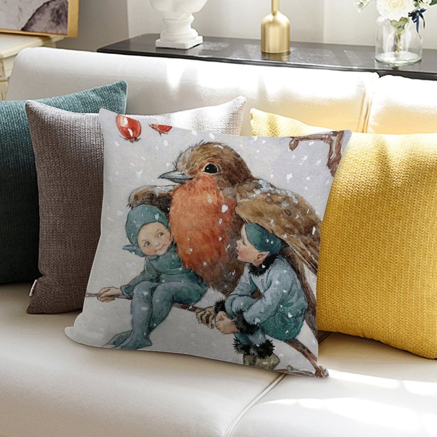 Christmas Elves Sheltering with A Robin - Margaret Tarrant Soft Luxury Feel Throw Pillow