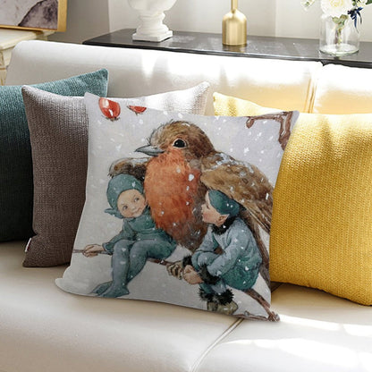 Christmas Elves Sheltering with A Robin - Margaret Tarrant Soft Luxury Feel Throw Pillow
