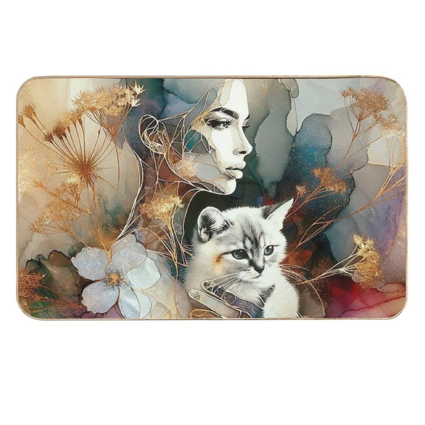 Golden Line Art Woman with Cat – Abstract Watercolor Elegance  Multi-Purpose Bath Mat