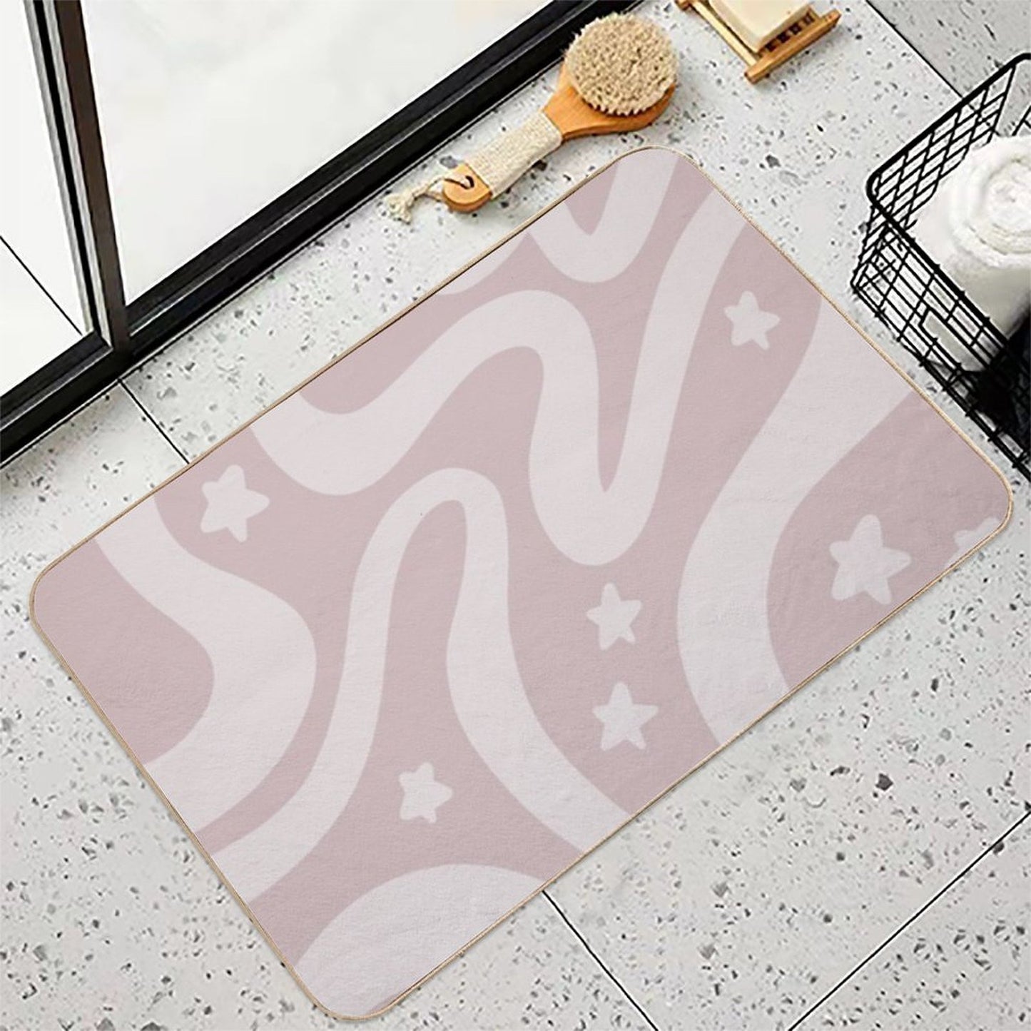 Retro Liquid Swirl & Stars Abstract Pattern Gray Pink  Easy To Clean Bath Mat