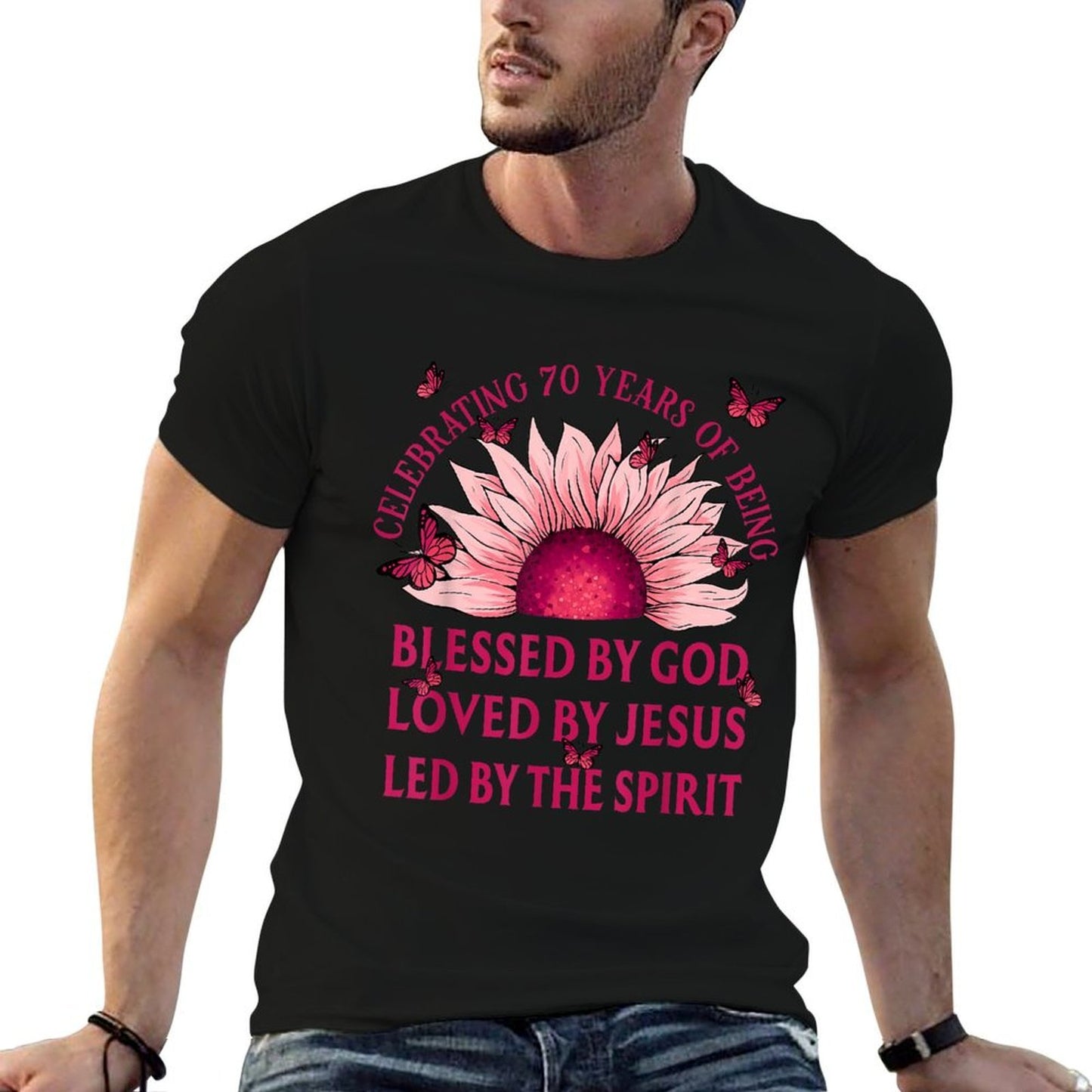 Blessed By God For 70 Years Pink Sunflower Birthday  Tagless Design T-Shirt
