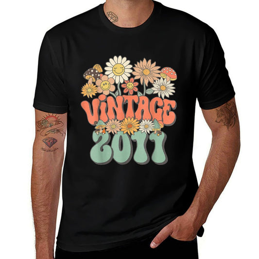 Vintage 2011 Floral Hippie Groovy Daisy Flower 14th Birthday  Ribbed Collar T-Shirt