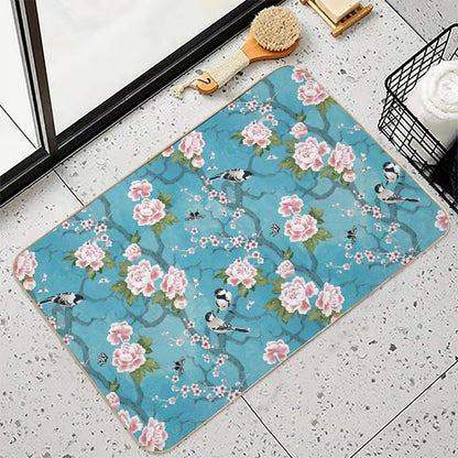 Chinoiserie Birds in Turquoise Blue  Absorbent Bath Mat