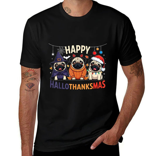 Pug Halloween Thanksgiving Christmas Happy HalloThanksMas  Breathable T-Shirt
