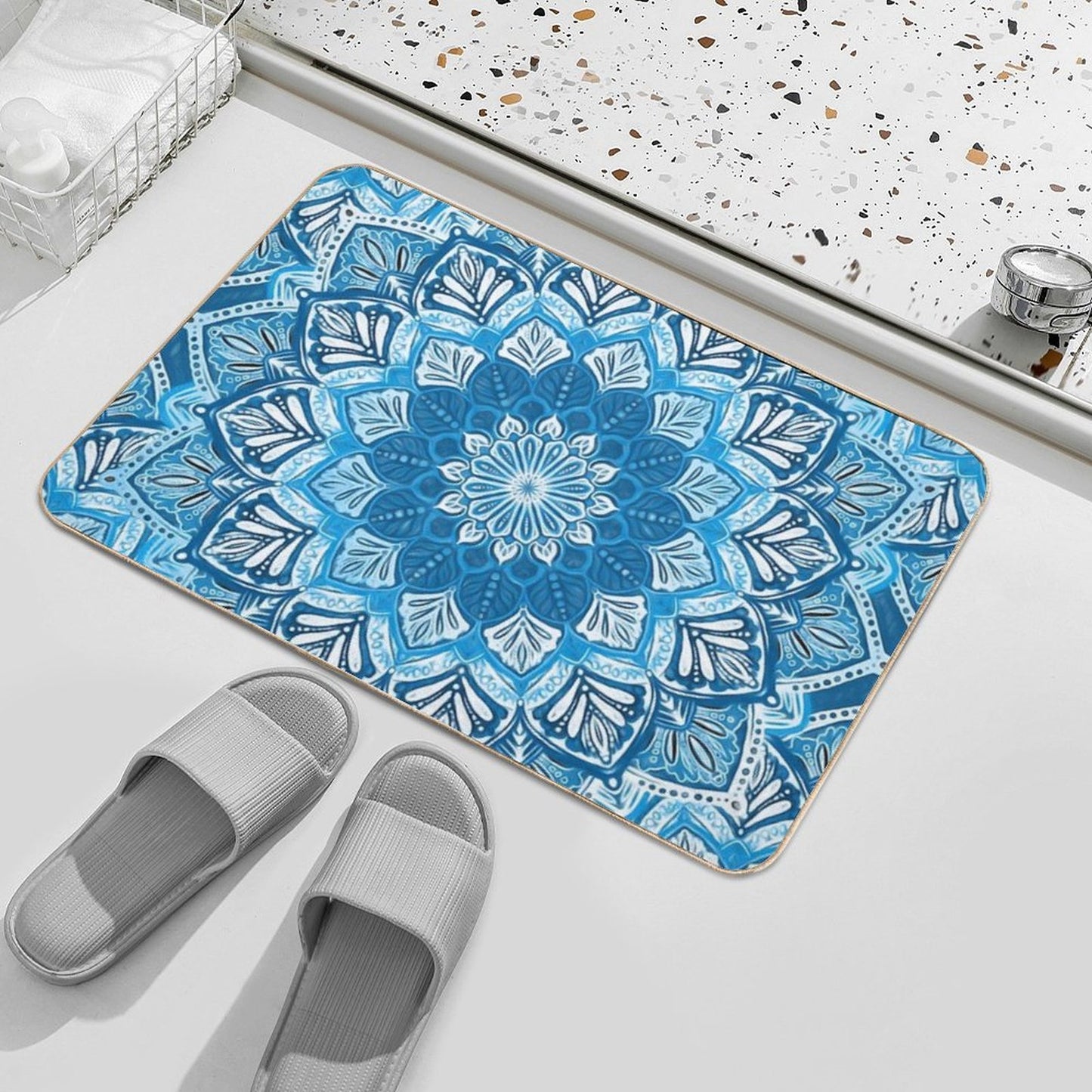 Boho Mandala in Monochrome Blue And White  Non-Slip Bath Mat