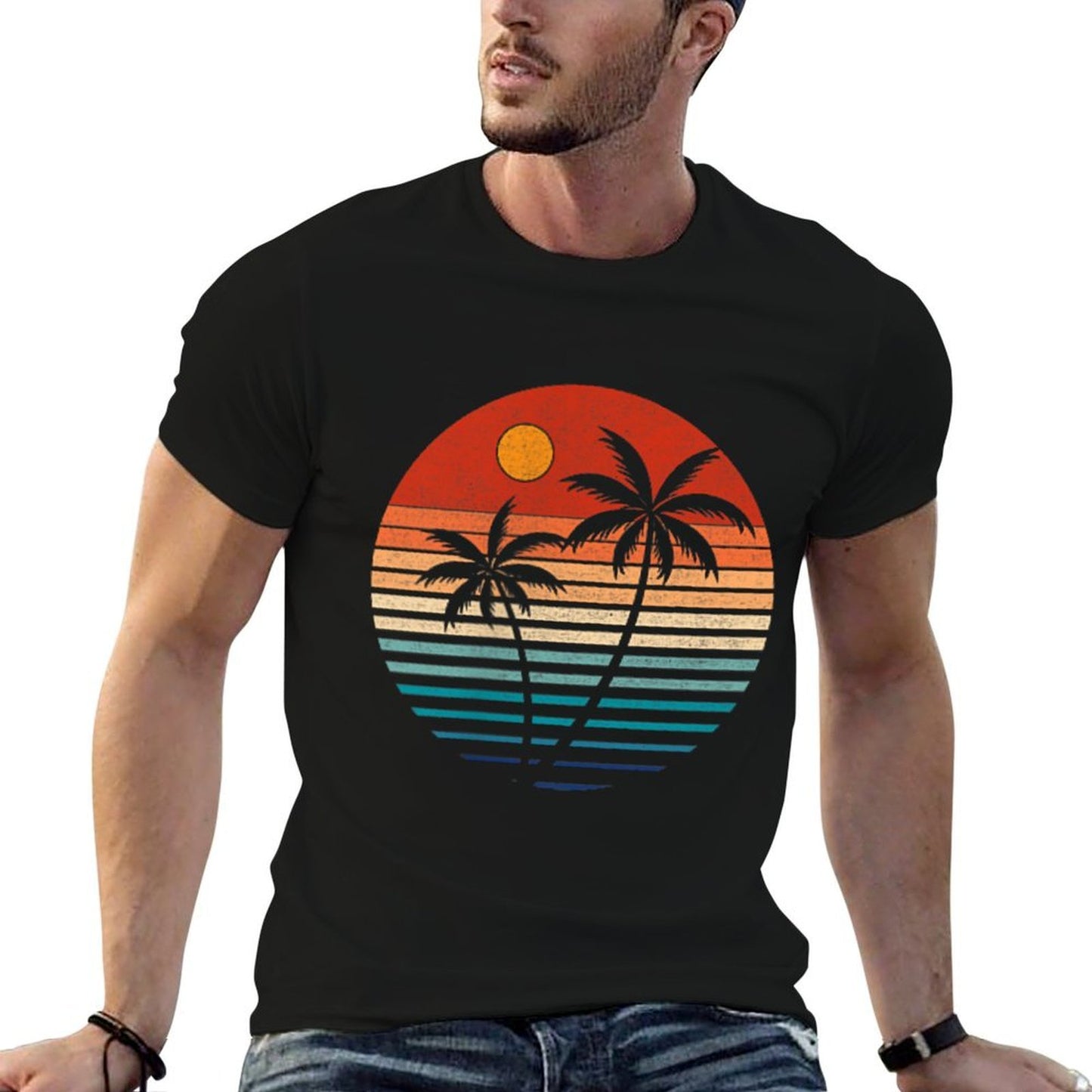 Summer Vacation Men Women Retro Sunset Beach Palms Tree  Heathered Texture T-Shirt