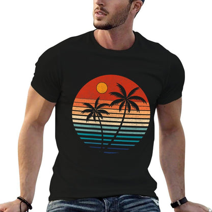 Summer Vacation Men Women Retro Sunset Beach Palms Tree  Heathered Texture T-Shirt