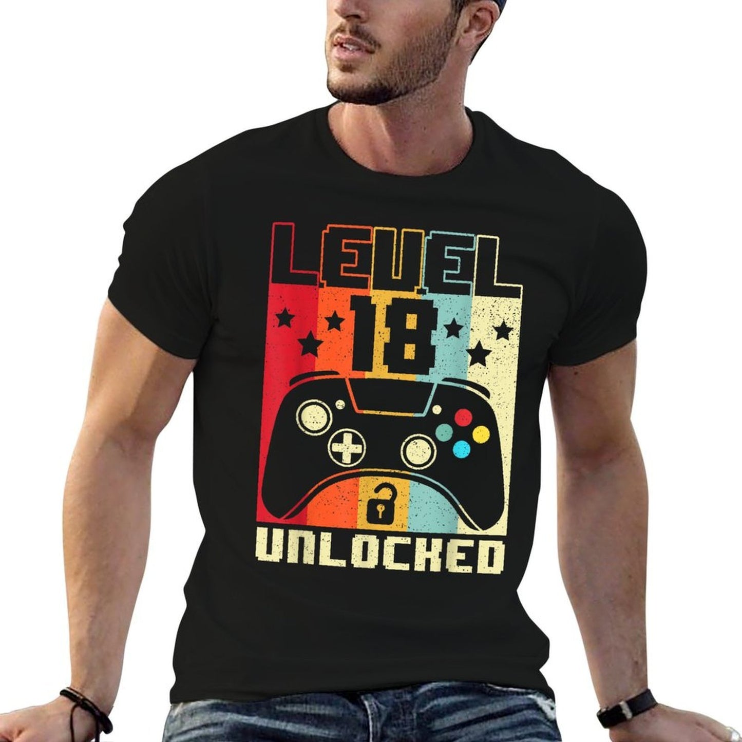 Level 18 Unlocked Funny Video Gamer 18th Birthday Gift  Rolled Sleeves T-Shirt