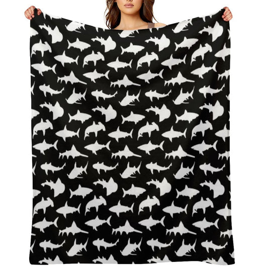 Sharks on Black Machine-washable Throw Blanket