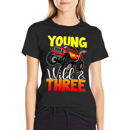 Kids Young Wild Three 3rd Birthday Boy Monster Truck 3 Years Old  Ribbed Collar T-Shirt