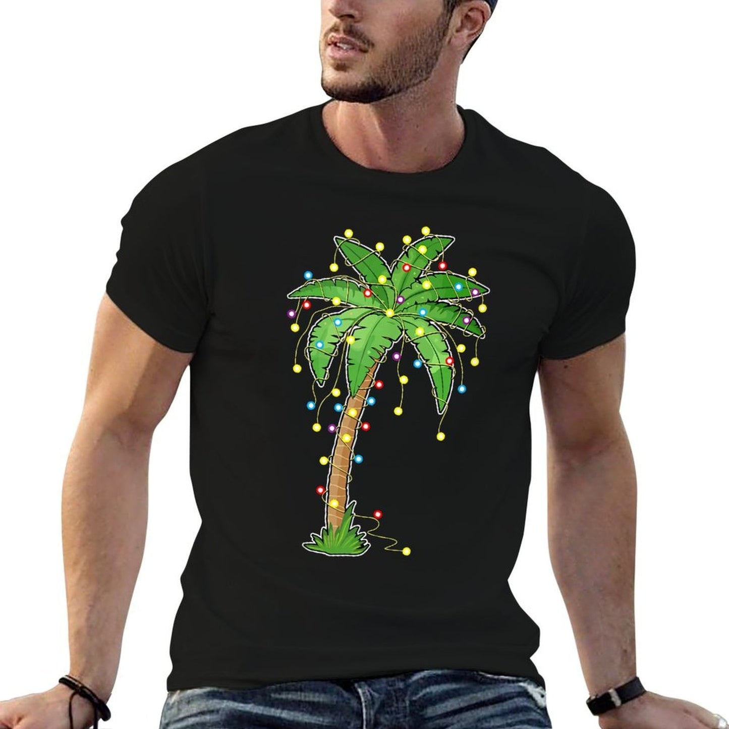 Christmas Lights Palm Tree Beach Funny Tropical Xmas Gift Comfortable T-Shirt